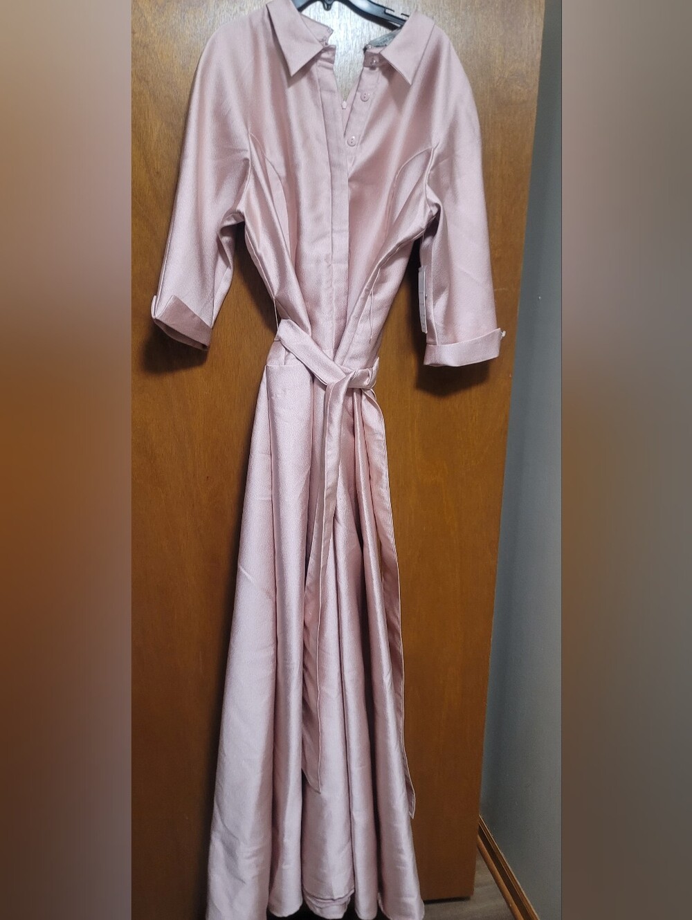 Teri Jon Blush Pink Mikado Shirt Drop Waist Dress with Self Tie Belt Size 18